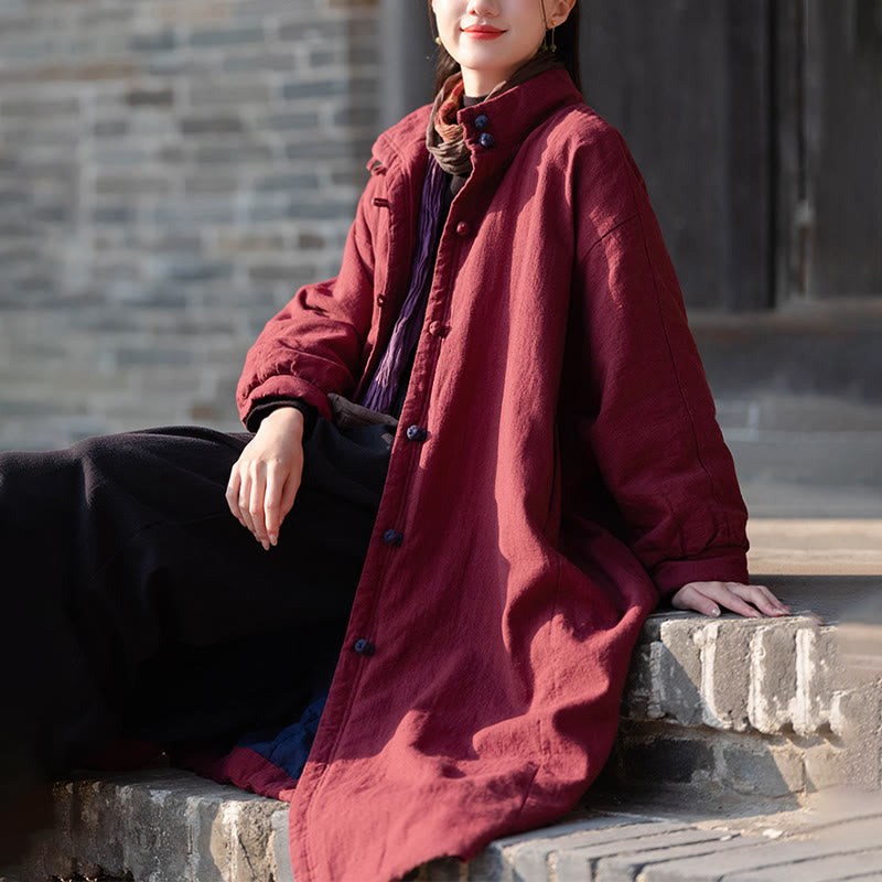 Manteau thermique d'hiver pour femme en coton ramie uni à manches longues et poches, orné de boutons brandebourg, de la Buddha Stones. - image 21