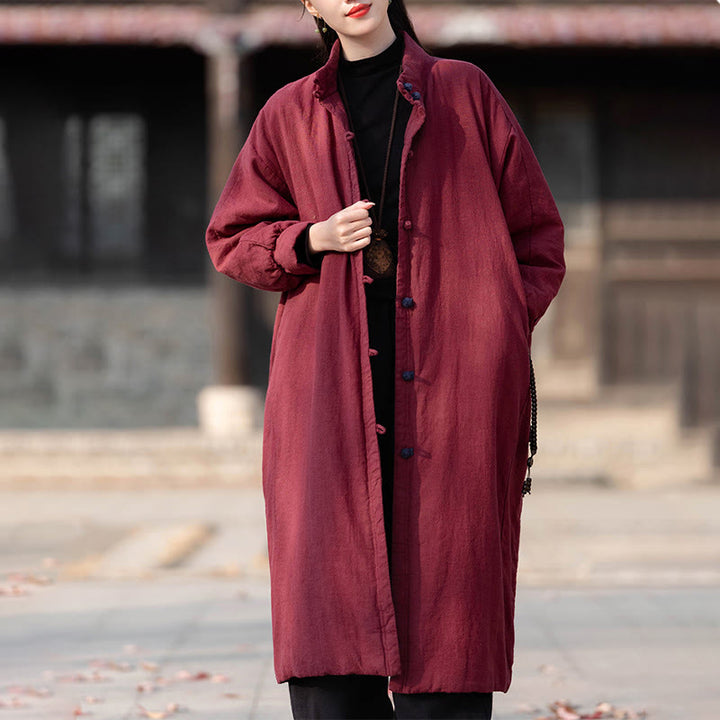 Manteau thermique d'hiver pour femme en coton ramie uni à manches longues et poches, orné de boutons brandebourg, de la Buddha Stones. - image 20