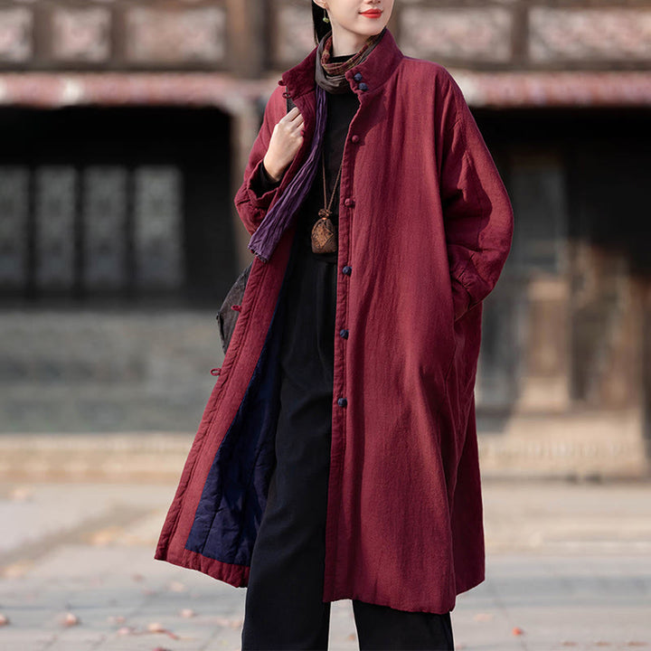 Manteau thermique d'hiver pour femme en coton ramie uni à manches longues et poches, orné de boutons brandebourg, de la Buddha Stones. - image 12