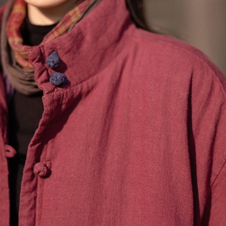 Manteau thermique d'hiver pour femme en coton ramie uni à manches longues et poches, orné de boutons brandebourg, de la Buddha Stones. - image 22