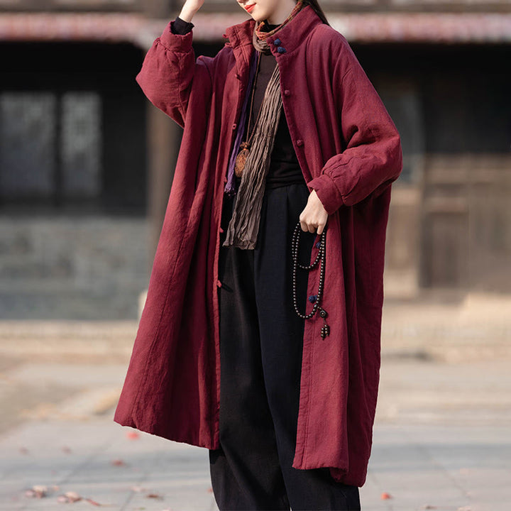 Manteau thermique d'hiver pour femme en coton ramie uni à manches longues et poches, orné de boutons brandebourg, de la Buddha Stones. - image 14