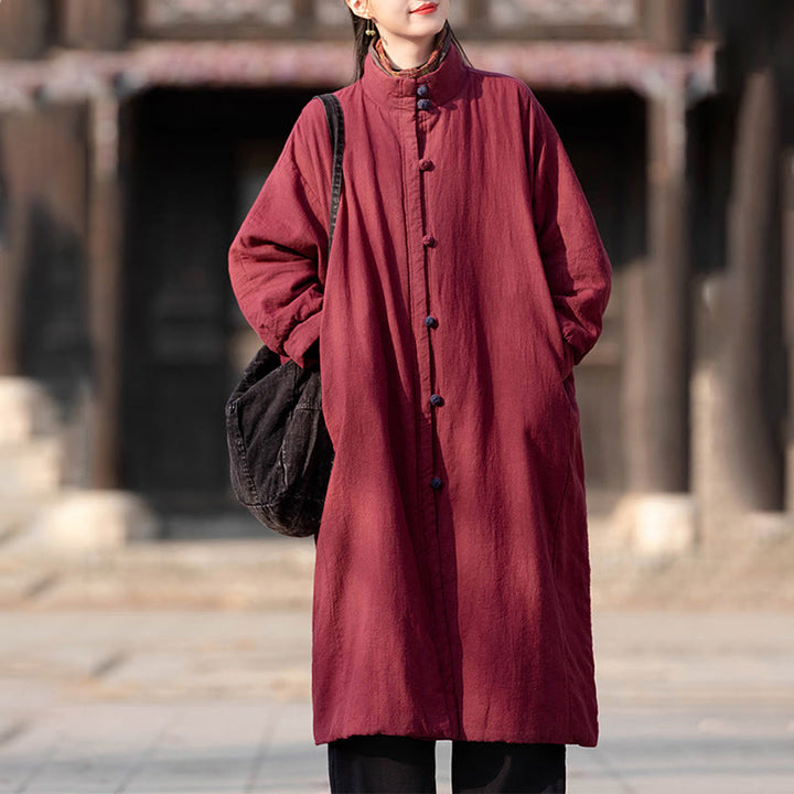 Manteau thermique d'hiver pour femme en coton ramie uni à manches longues et poches, orné de boutons brandebourg, de la Buddha Stones. - image 18