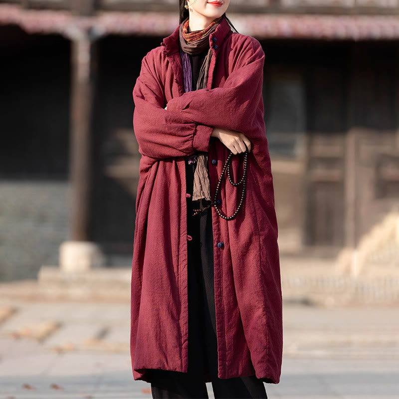 Manteau thermique d'hiver pour femme en coton ramie uni à manches longues et poches, orné de boutons brandebourg, de la Buddha Stones. - image 17