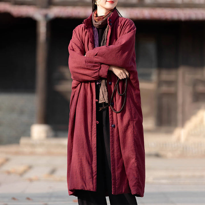 Manteau thermique d'hiver pour femme en coton ramie uni à manches longues et poches, orné de boutons brandebourg, de la Buddha Stones. - image 17