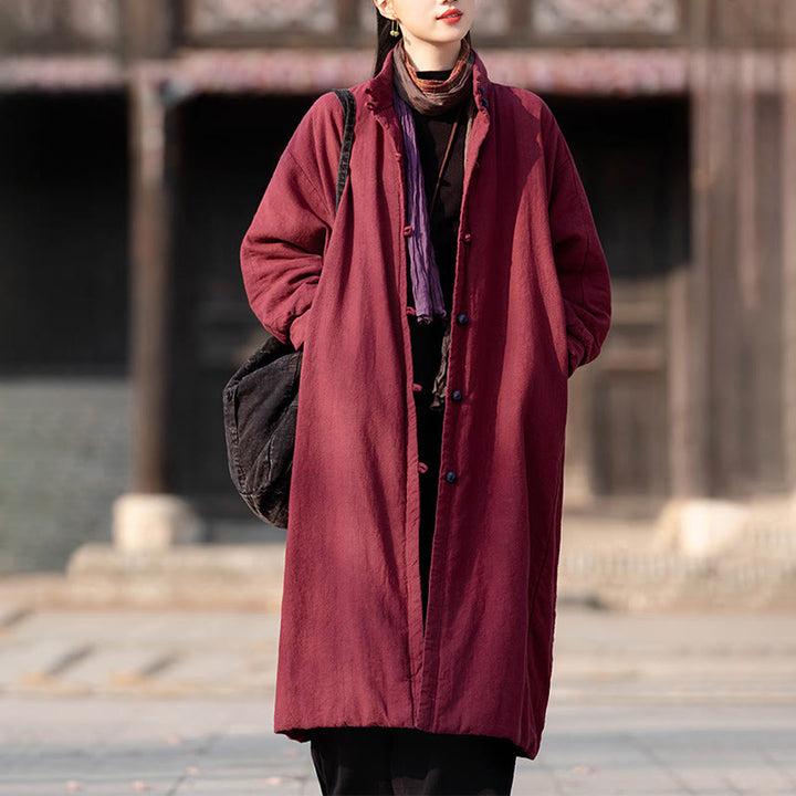 Manteau thermique d'hiver pour femme en coton ramie uni à manches longues et poches, orné de boutons brandebourg, de la Buddha Stones. - image 16