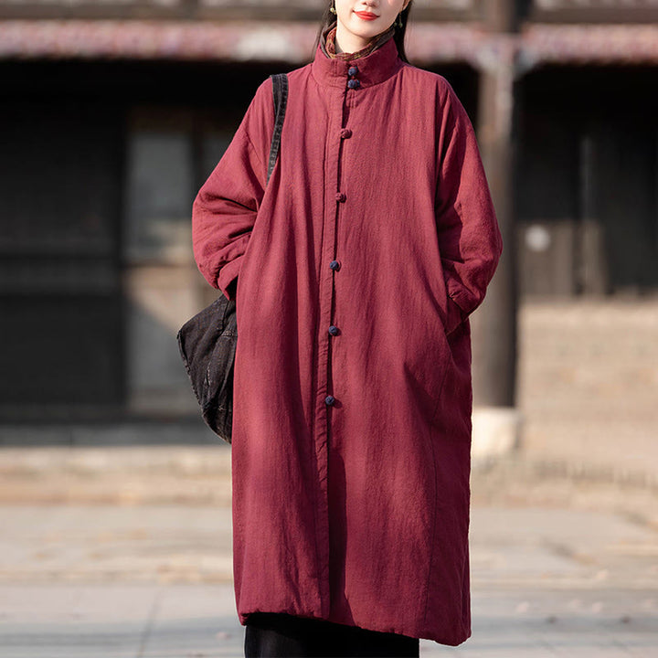 Manteau thermique d'hiver pour femme en coton ramie uni à manches longues et poches, orné de boutons brandebourg, de la Buddha Stones. - image 19