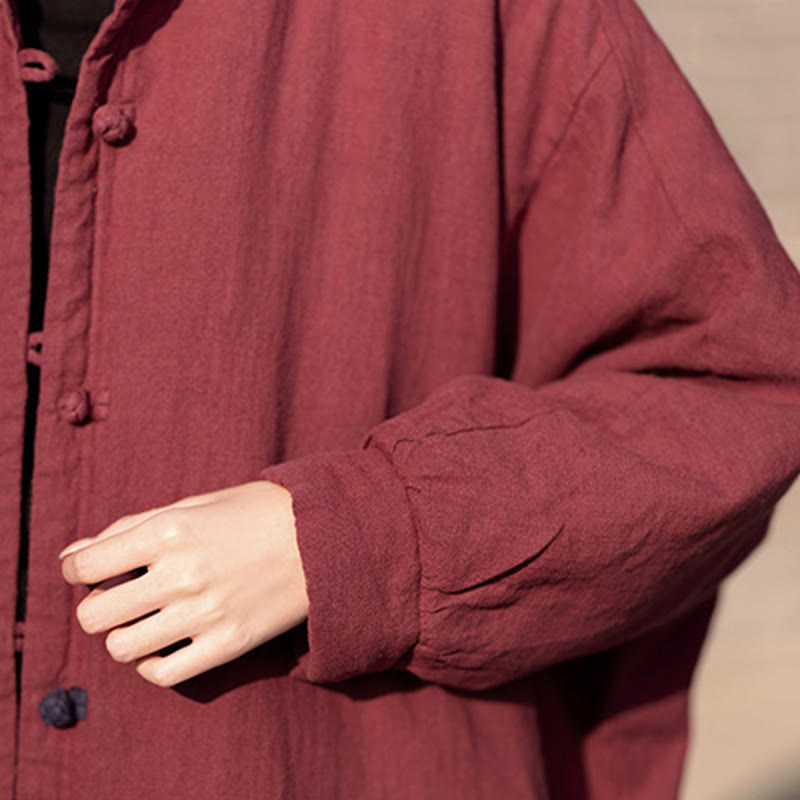 Manteau thermique d'hiver pour femme en coton ramie uni à manches longues et poches, orné de boutons brandebourg, de la Buddha Stones. - image 23