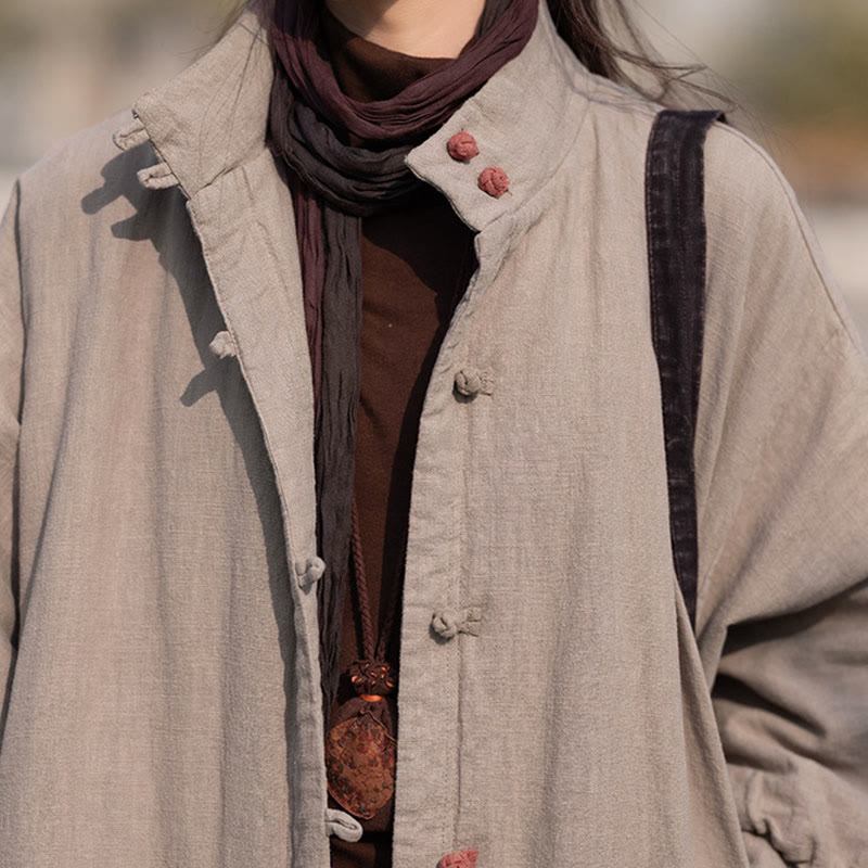 Manteau thermique d'hiver pour femme en coton ramie uni à manches longues et poches, orné de boutons brandebourg, de la Buddha Stones. - image 33