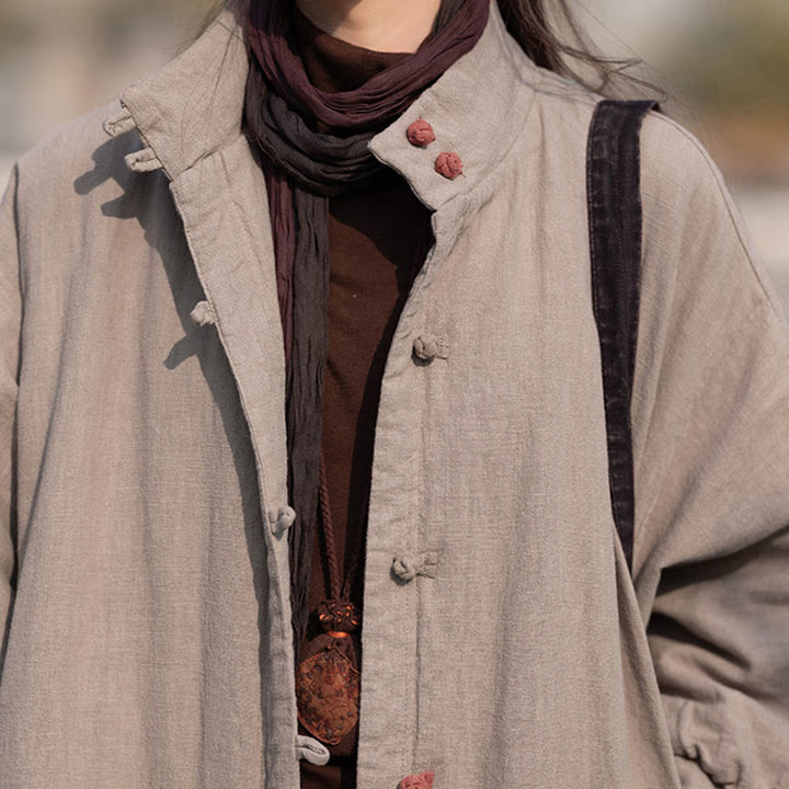 Manteau thermique d'hiver pour femme en coton ramie uni à manches longues et poches, orné de boutons brandebourg, de la Buddha Stones. - image 33