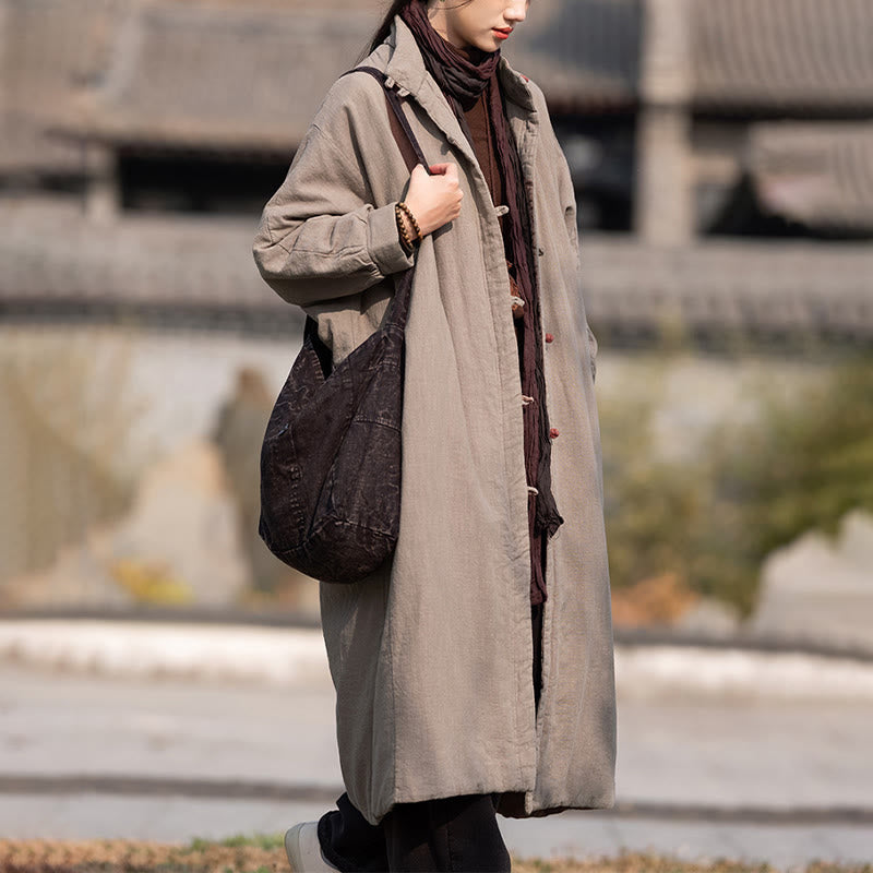 Manteau thermique d'hiver pour femme en coton ramie uni à manches longues et poches, orné de boutons brandebourg, de la Buddha Stones. - image 26