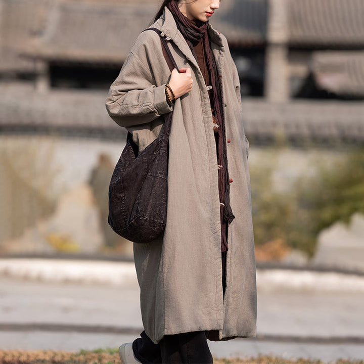 Manteau thermique d'hiver pour femme en coton ramie uni à manches longues et poches, orné de boutons brandebourg, de la Buddha Stones. - image 26