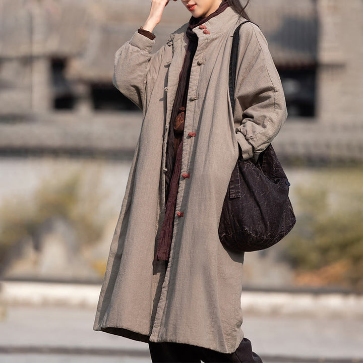 Manteau thermique d'hiver pour femme en coton ramie uni à manches longues et poches, orné de boutons brandebourg, de la Buddha Stones. - image 31