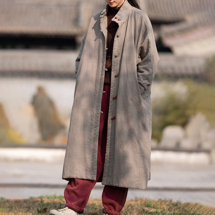 Manteau thermique d'hiver pour femme en coton ramie uni à manches longues et poches, orné de boutons brandebourg, de la Buddha Stones. - image 32