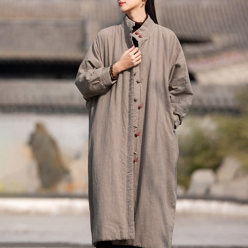 Manteau thermique d'hiver pour femme en coton ramie uni à manches longues et poches, orné de boutons brandebourg, de la Buddha Stones. - image 30