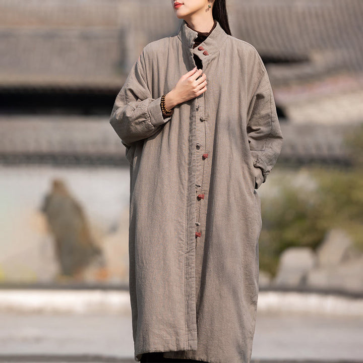 Manteau thermique d'hiver pour femme en coton ramie uni à manches longues et poches, orné de boutons brandebourg, de la Buddha Stones. - image 30