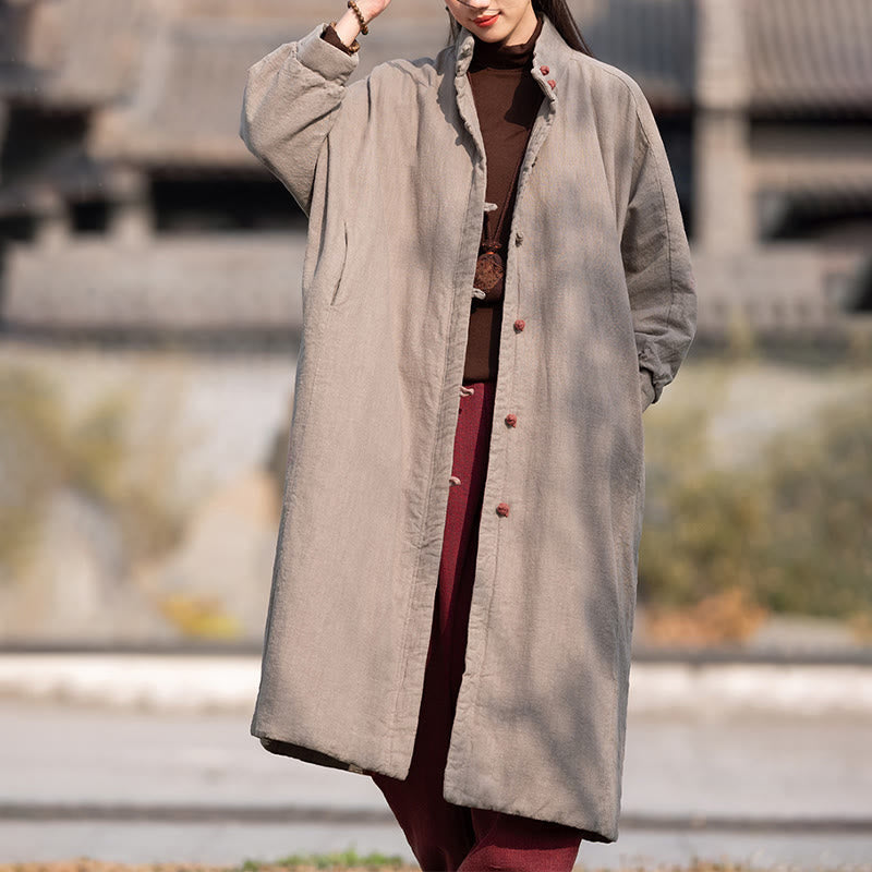 Manteau thermique d'hiver pour femme en coton ramie uni à manches longues et poches, orné de boutons brandebourg, de la Buddha Stones. - image 29