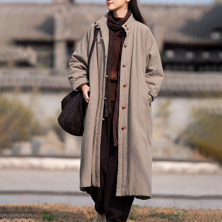 Manteau thermique d'hiver pour femme en coton ramie uni à manches longues et poches, orné de boutons brandebourg, de la Buddha Stones. - image 27