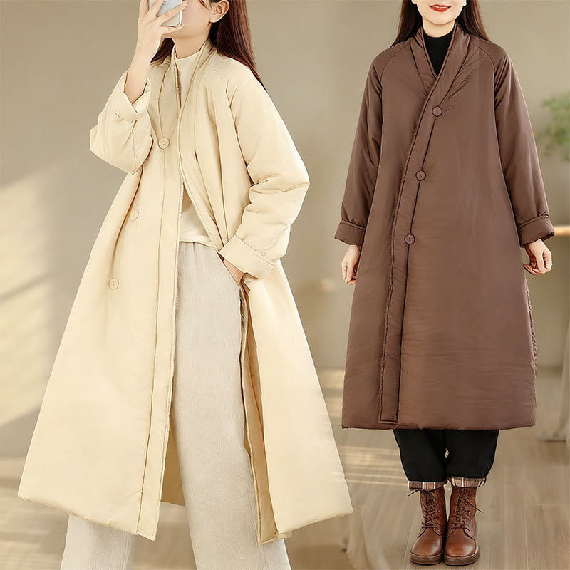 Manteau d'hiver en coton pour femme, à manches longues, col en V, boutons et poches, Buddha Stones - image 19