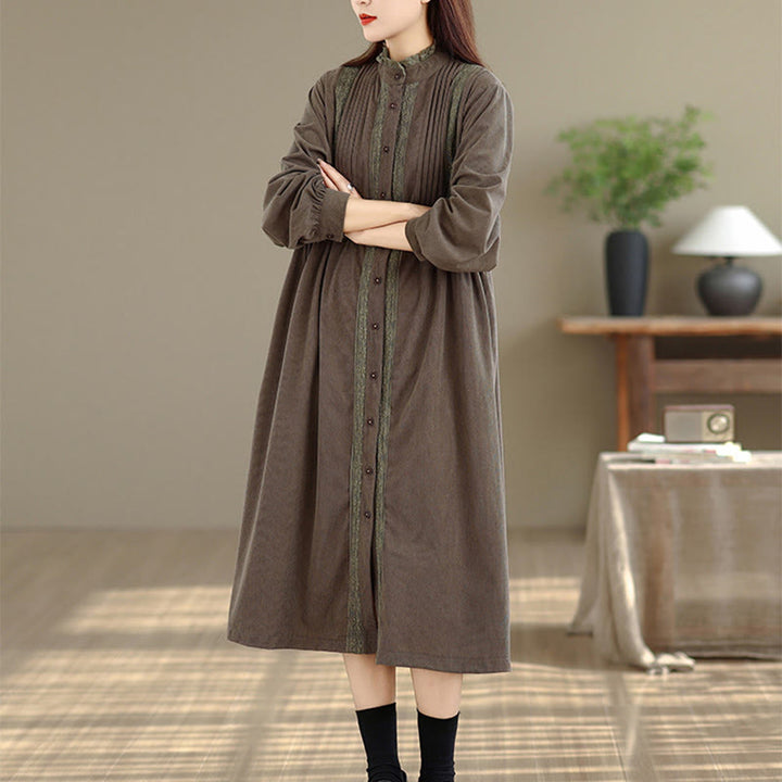Robe midi d'hiver plissée à manches longues en velours côtelé pour femme, avec poches, ornée de boutons et de plis , Buddha Stones - Tanné - US8-10，UK/AU12-14，EU40-42 (2XL) - image 0