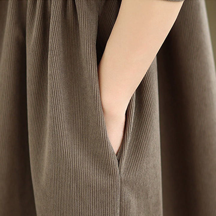 Robe midi d'hiver plissée à manches longues en velours côtelé pour femme, avec poches, ornée de boutons et de plis , Buddha Stones - image 9