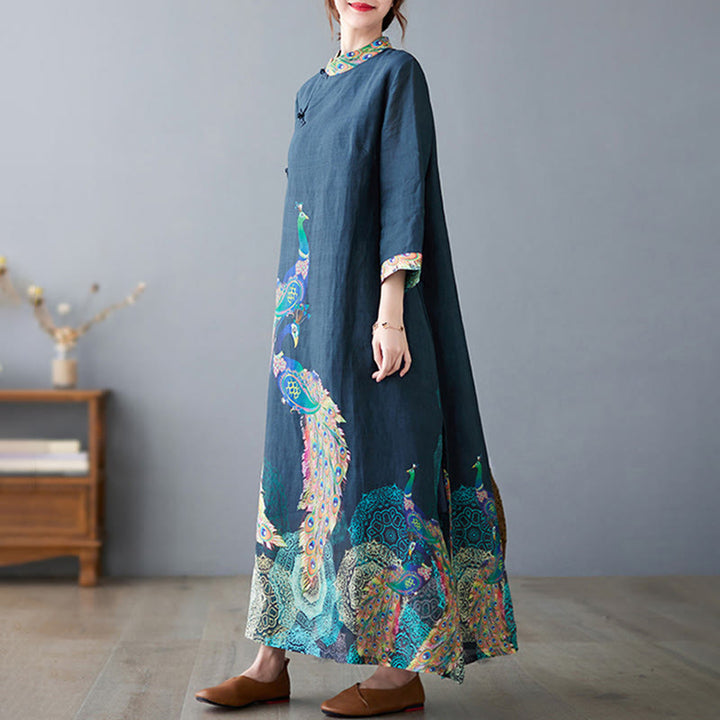 Robe midi femme en coton à manches trois-quarts, ornée de motifs de paons colorés et de mandala, avec boutons grenouille et Buddha Stones - image 5