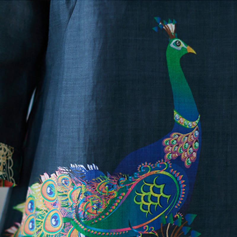 Robe midi femme en coton à manches trois-quarts, ornée de motifs de paons colorés et de mandala, avec boutons grenouille et Buddha Stones - image 15
