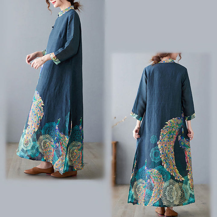 Robe midi femme en coton à manches trois-quarts, ornée de motifs de paons colorés et de mandala, avec boutons grenouille et Buddha Stones - image 8