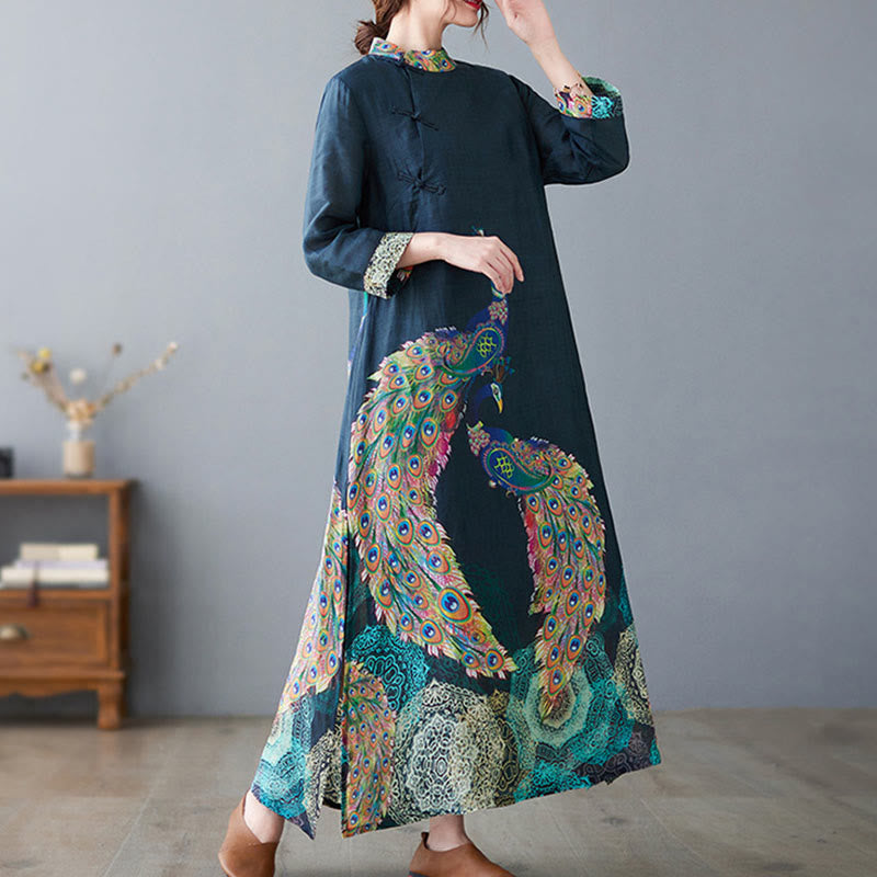 Robe midi femme en coton à manches trois-quarts, ornée de motifs de paons colorés et de mandala, avec boutons grenouille et Buddha Stones - image 2