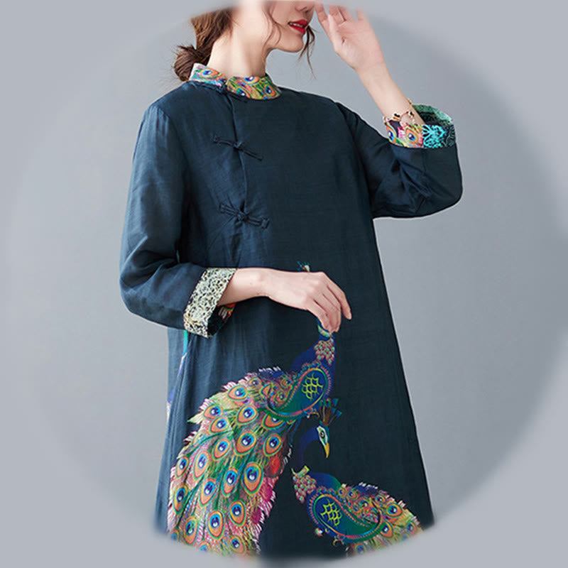 Robe midi femme en coton à manches trois-quarts, ornée de motifs de paons colorés et de mandala, avec boutons grenouille et Buddha Stones - image 12