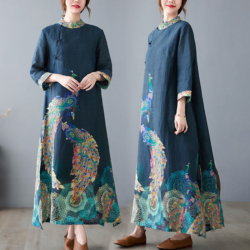 Robe midi femme en coton à manches trois-quarts, ornée de motifs de paons colorés et de mandala, avec boutons grenouille et Buddha Stones - SteelBlue - US8-10，UK/AU12-14，EU40-42 (2XL) - image 0