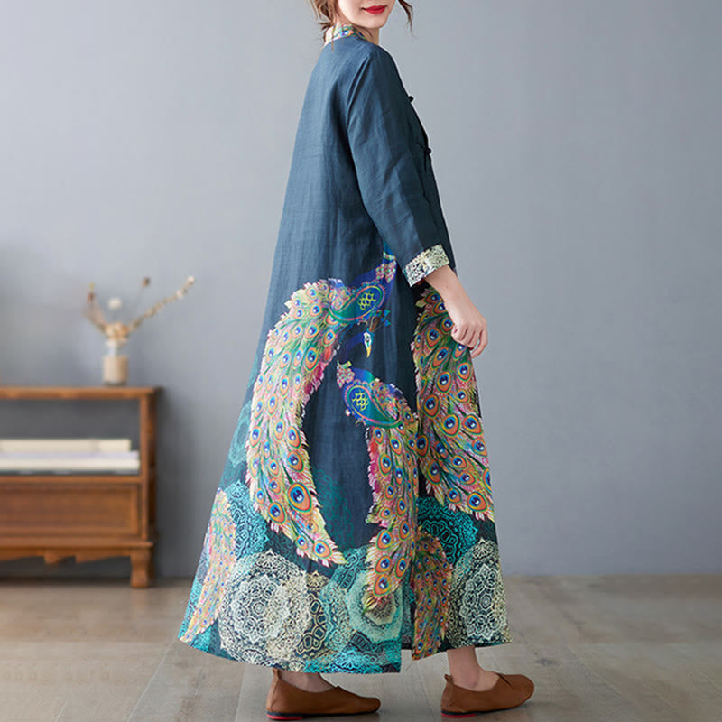 Robe midi femme en coton à manches trois-quarts, ornée de motifs de paons colorés et de mandala, avec boutons grenouille et Buddha Stones - image 4