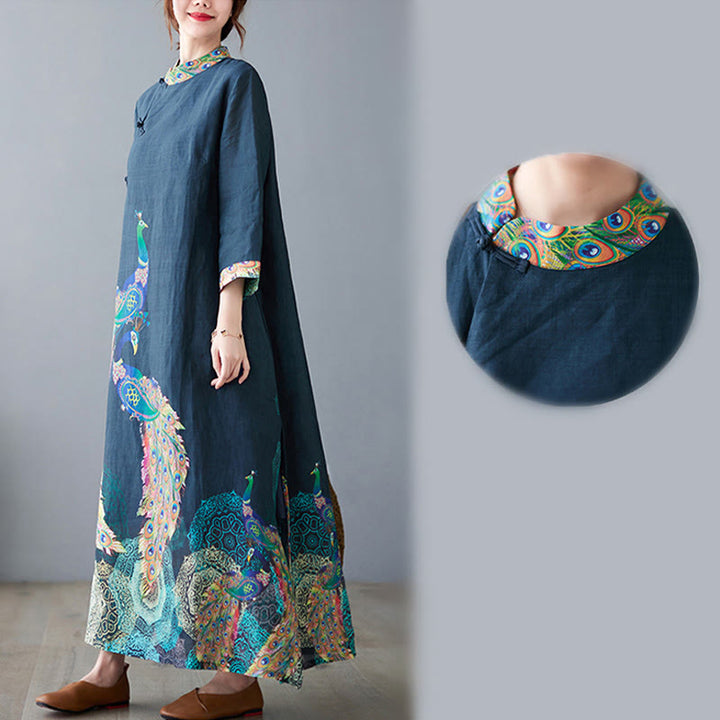 Robe midi femme en coton à manches trois-quarts, ornée de motifs de paons colorés et de mandala, avec boutons grenouille et Buddha Stones - image 9