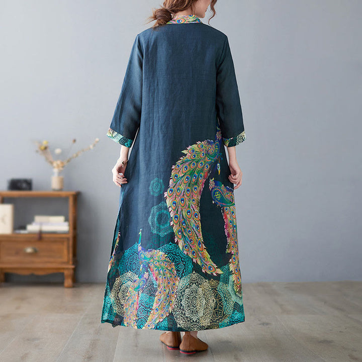 Robe midi femme en coton à manches trois-quarts, ornée de motifs de paons colorés et de mandala, avec boutons grenouille et Buddha Stones - image 3