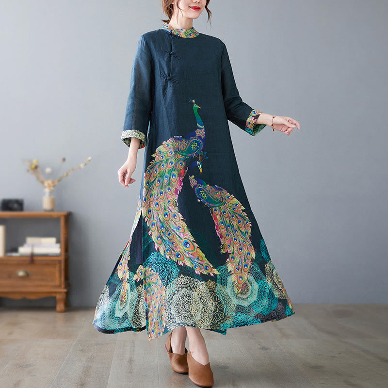 Robe midi femme en coton à manches trois-quarts, ornée de motifs de paons colorés et de mandala, avec boutons grenouille et Buddha Stones - image 1