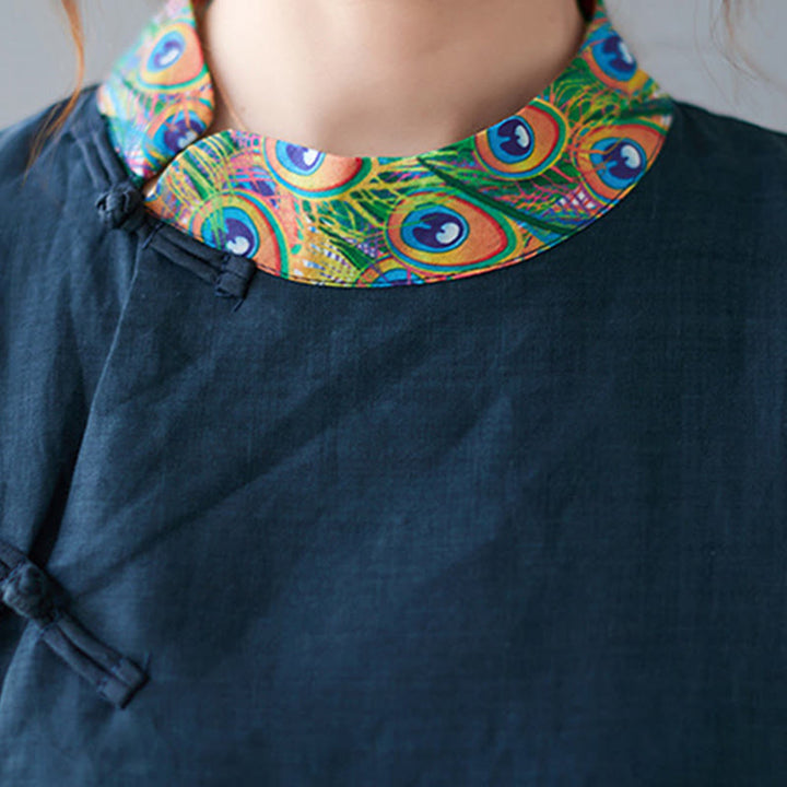 Robe midi femme en coton à manches trois-quarts, ornée de motifs de paons colorés et de mandala, avec boutons grenouille et Buddha Stones - image 13