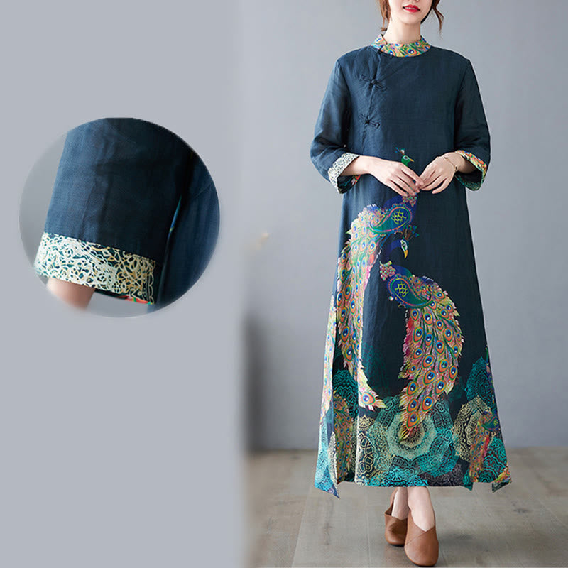 Robe midi femme en coton à manches trois-quarts, ornée de motifs de paons colorés et de mandala, avec boutons grenouille et Buddha Stones - image 11