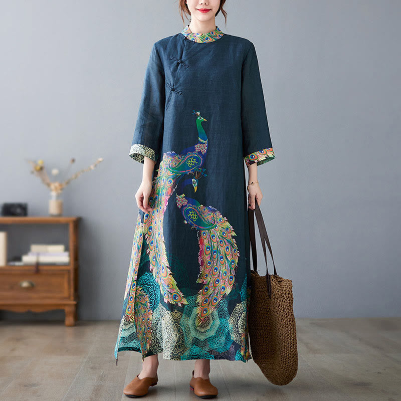 Robe midi femme en coton à manches trois-quarts, ornée de motifs de paons colorés et de mandala, avec boutons grenouille et Buddha Stones - image 7