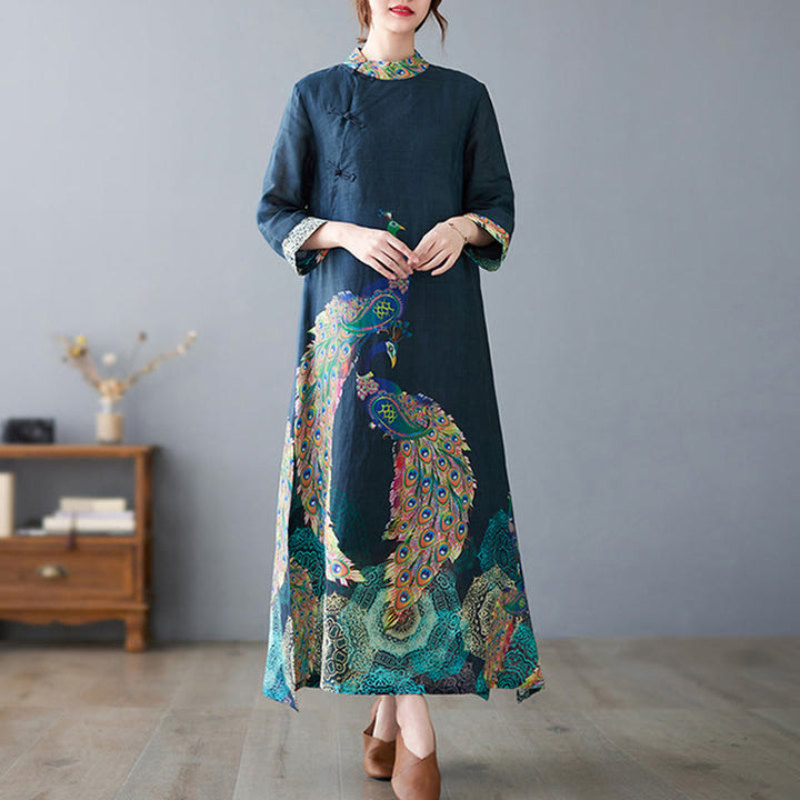 Robe midi femme en coton à manches trois-quarts, ornée de motifs de paons colorés et de mandala, avec boutons grenouille et Buddha Stones - image 6