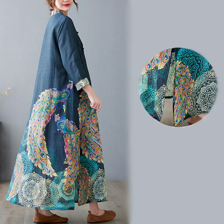 Robe midi femme en coton à manches trois-quarts, ornée de motifs de paons colorés et de mandala, avec boutons grenouille et Buddha Stones - image 10
