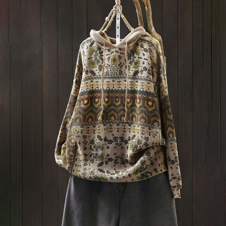 Sweat à capuche tricoté à manches longues pour femme, en coton, à rayures géométriques et fleurs, motif Buddha Stones Fall - Beige - US4-6，UK/AU8-10，EU36-38 (F) - image 0