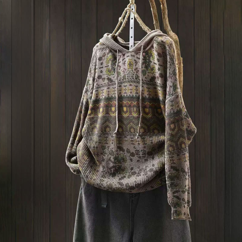 Sweat à capuche tricoté à manches longues pour femme, en coton, à rayures géométriques et fleurs, motif Buddha Stones Fall - DarkKhaki - US4-6，UK/AU8-10，EU36-38 (F) - image 12