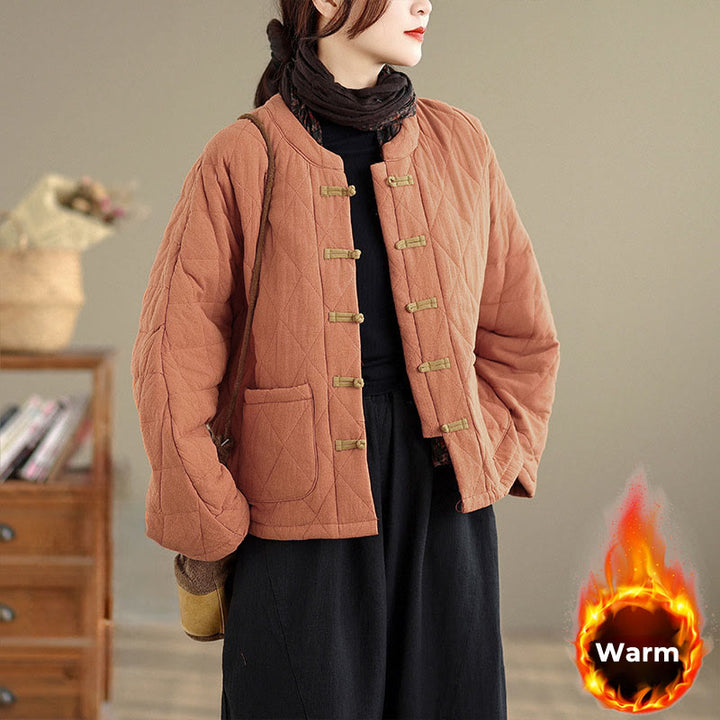 Veste thermique femme en coton à manches longues et poches, ornée de boutons grenouille et de lignes en losange, avec motif losange et rayures en forme de losange , Buddha Stones - image 1