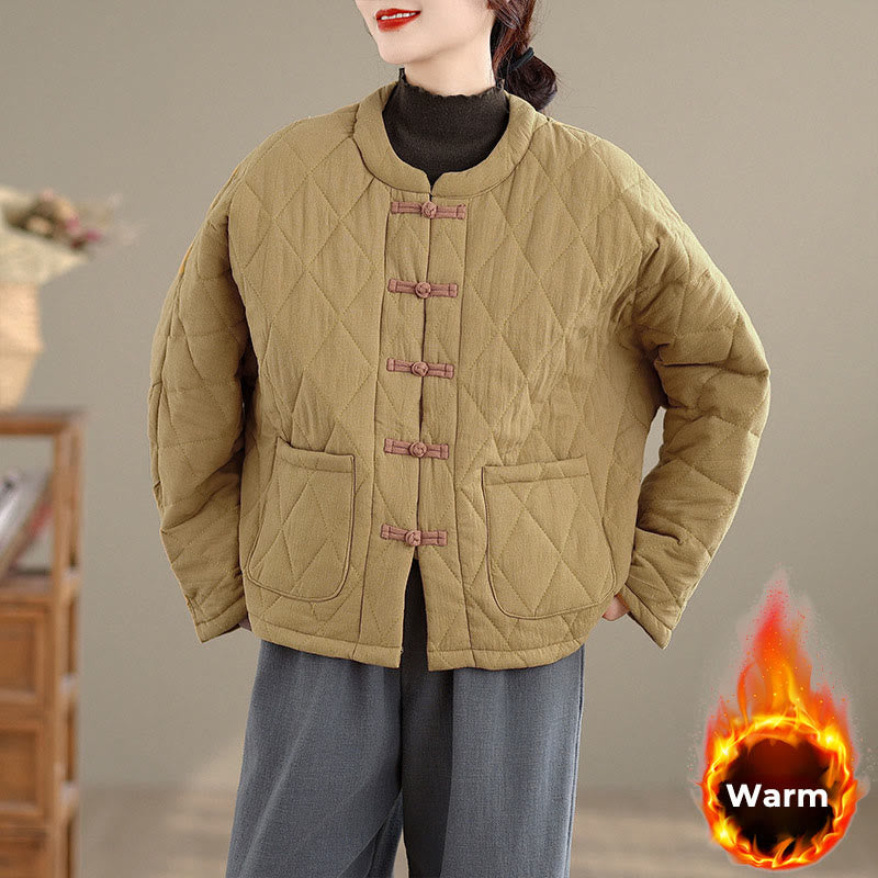 Veste thermique femme en coton à manches longues et poches, ornée de boutons grenouille et de lignes en losange, avec motif losange et rayures en forme de losange , Buddha Stones - Kaki foncé - US14，UK/AU18，EU46 (2XL) - image 6