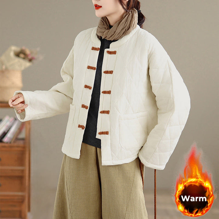 Veste thermique femme en coton à manches longues et poches, ornée de boutons grenouille et de lignes en losange, avec motif losange et rayures en forme de losange , Buddha Stones - Lin - US14，UK/AU18，EU46 (2XL) - image 16