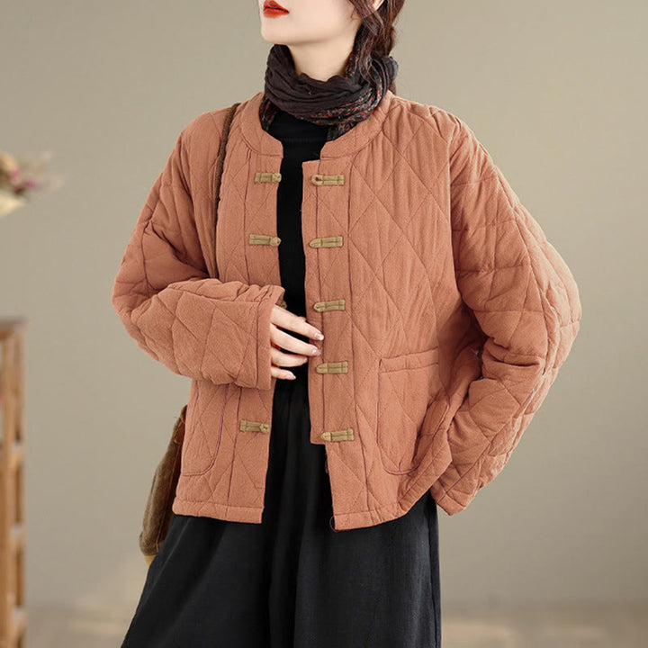 Veste thermique femme en coton à manches longues et poches, ornée de boutons grenouille et de lignes en losange, avec motif losange et rayures en forme de losange , Buddha Stones - SandyBrown - US14，UK/AU18，EU46 (2XL) - image 0