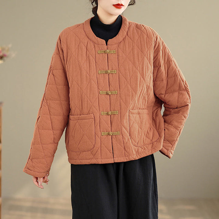 Veste thermique femme en coton à manches longues et poches, ornée de boutons grenouille et de lignes en losange, avec motif losange et rayures en forme de losange , Buddha Stones - image 5