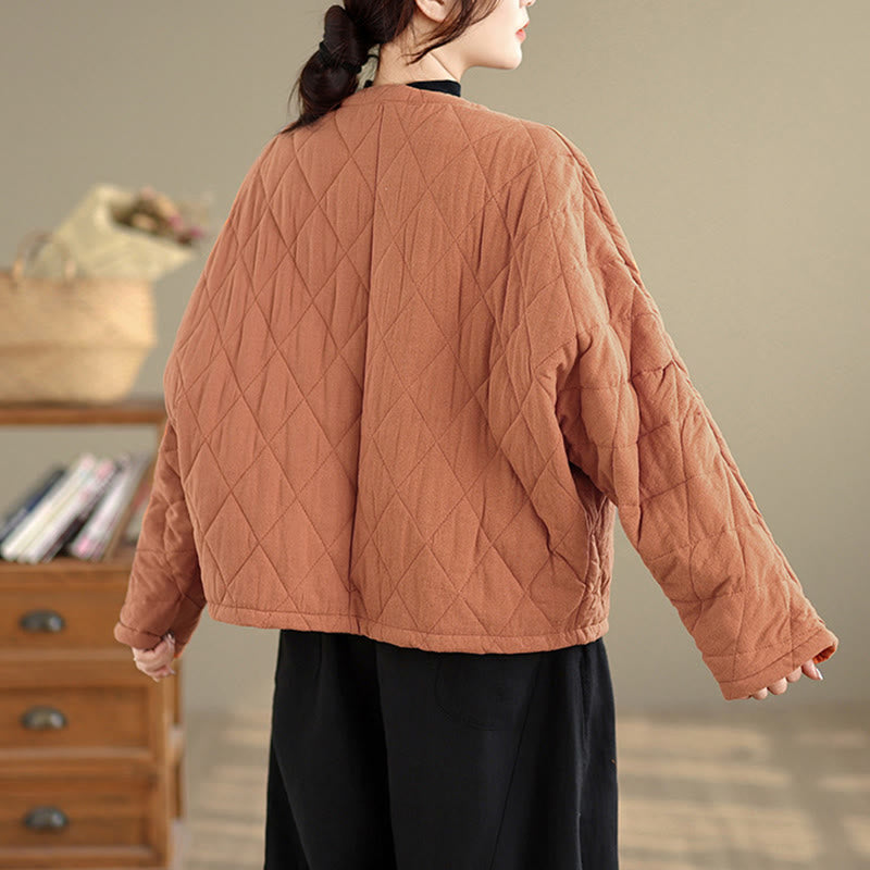 Veste thermique femme en coton à manches longues et poches, ornée de boutons grenouille et de lignes en losange, avec motif losange et rayures en forme de losange , Buddha Stones - image 3