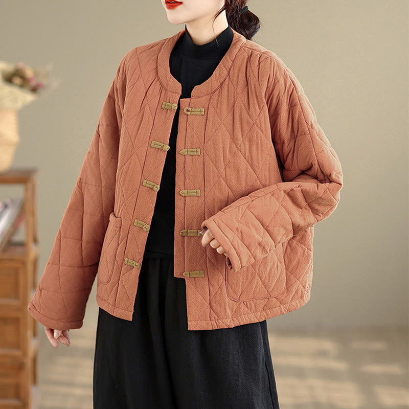 Veste thermique femme en coton à manches longues et poches, ornée de boutons grenouille et de lignes en losange, avec motif losange et rayures en forme de losange , Buddha Stones - image 4