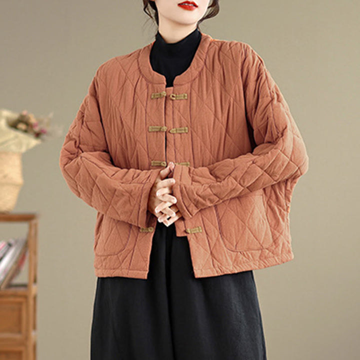 Veste thermique femme en coton à manches longues et poches, ornée de boutons grenouille et de lignes en losange, avec motif losange et rayures en forme de losange , Buddha Stones - image 2