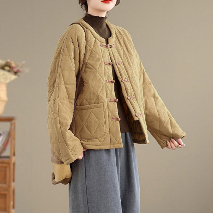 Veste thermique femme en coton à manches longues et poches, ornée de boutons grenouille et de lignes en losange, avec motif losange et rayures en forme de losange , Buddha Stones - image 8